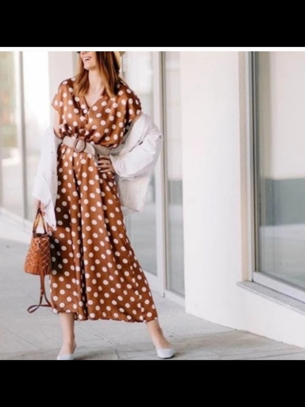 Zara Polka Dot Jumpsuit  with belt in Brown Size XL.